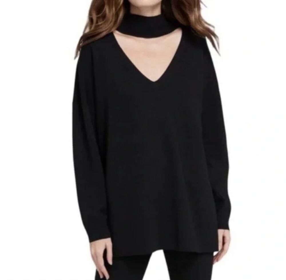 Alice + Olivia Alcott Black Cashmere Blend Open V Neck Turtleneck Sweater• Sz S